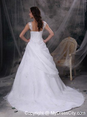 Square Train Satin and Organza Embriodery Decorated Wedding Dress